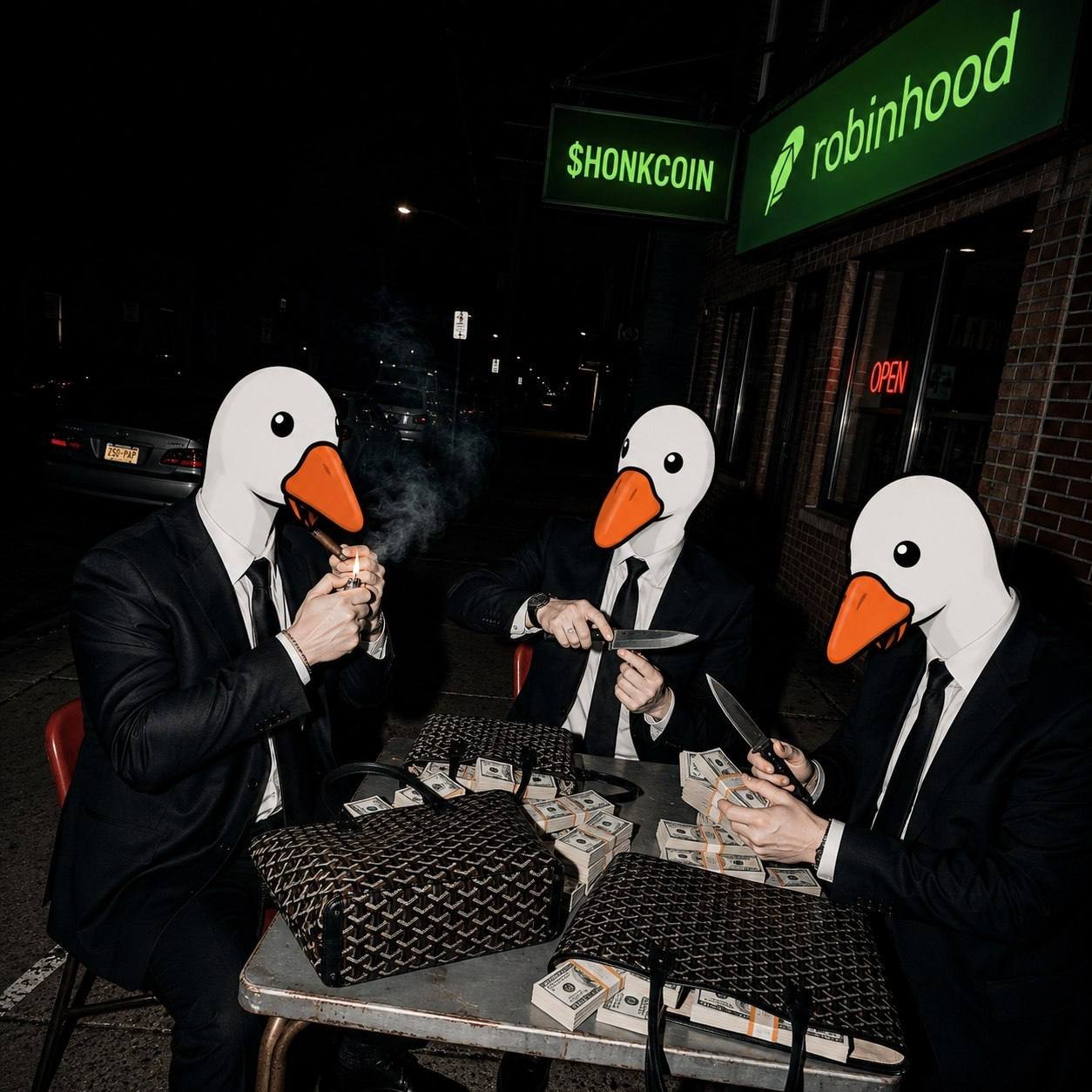 Honkcoin goose crew outside a Robinhood storefront