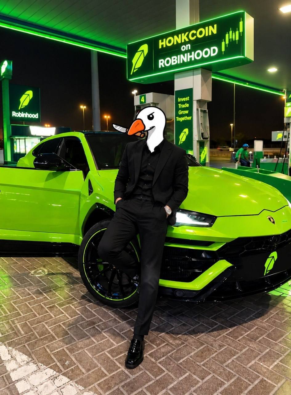 Honkcoin goose at a Robinhood gas station with green sports car