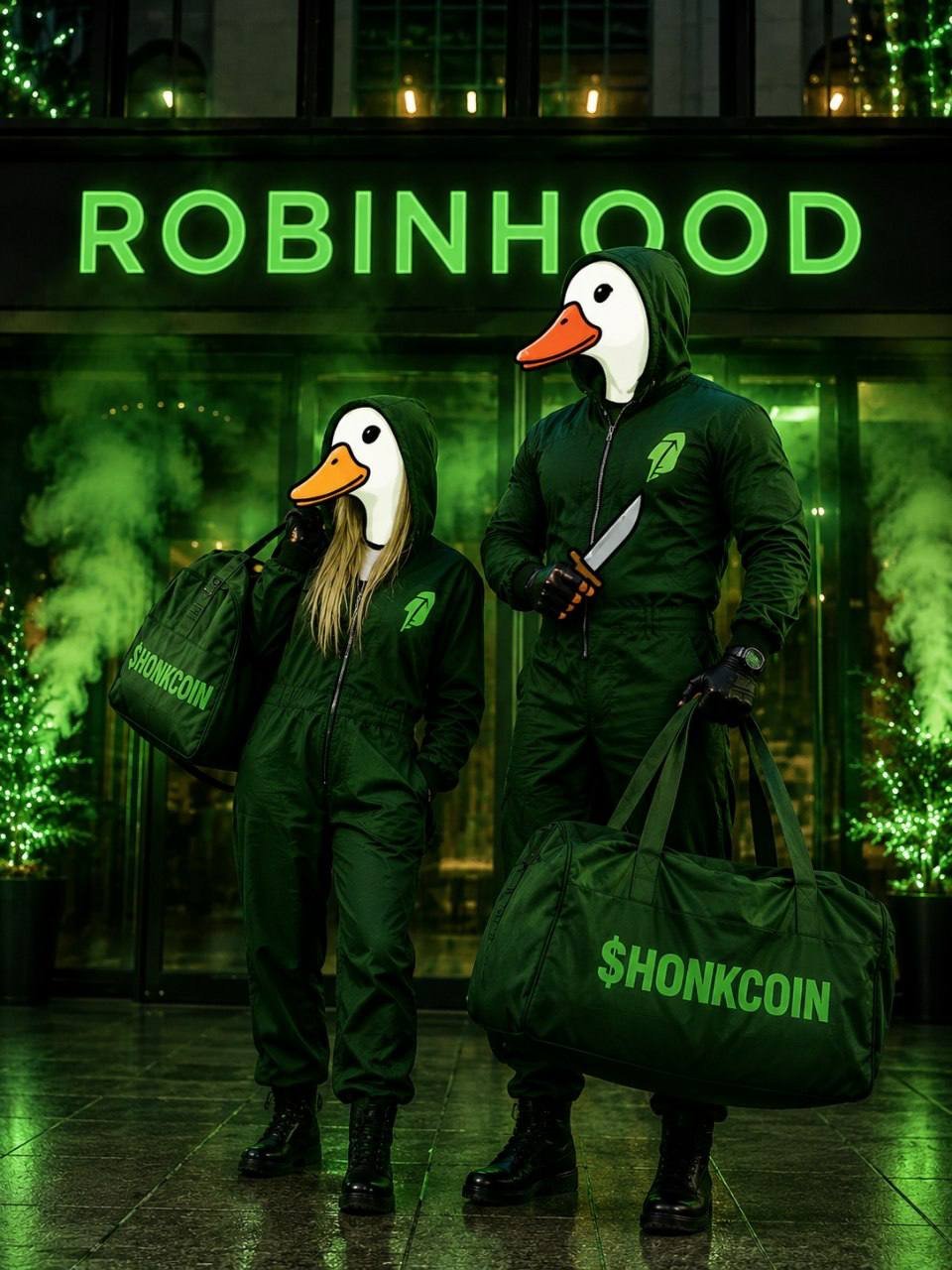 Two Honkcoin geese in green suits outside Robinhood