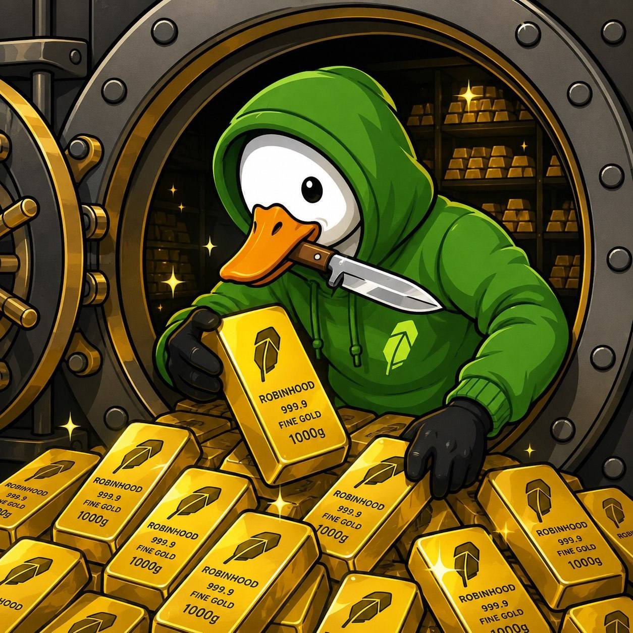 Honkcoin goose holding Robinhood gold bars in a vault