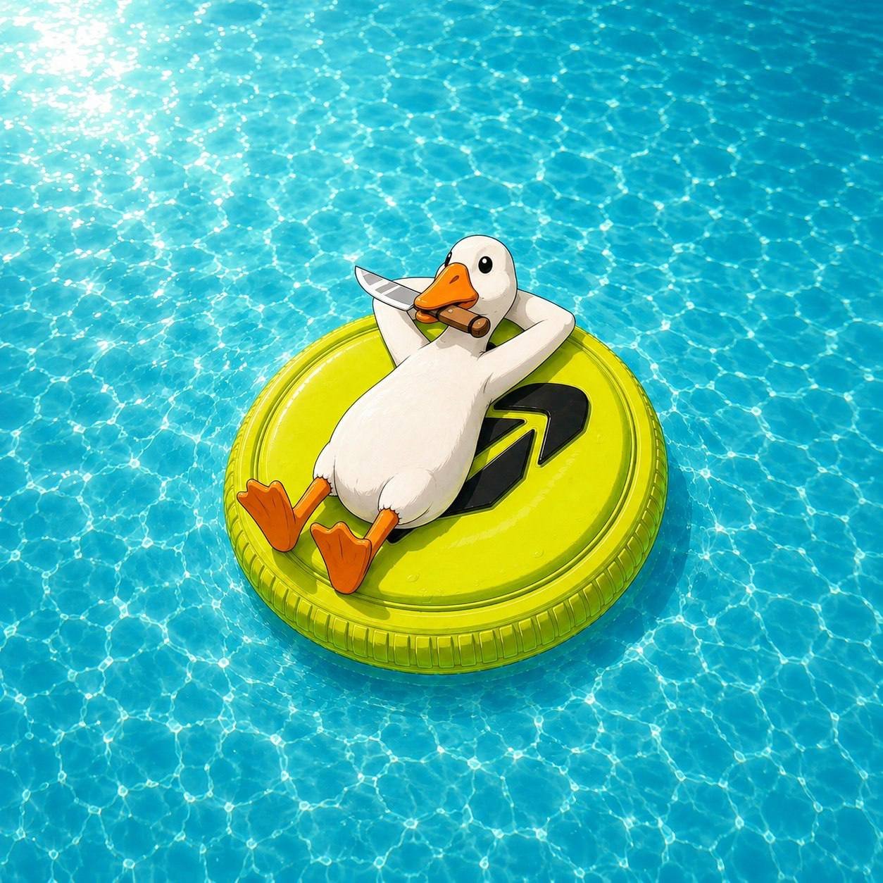 Honkcoin goose floating in a pool on a green coin
