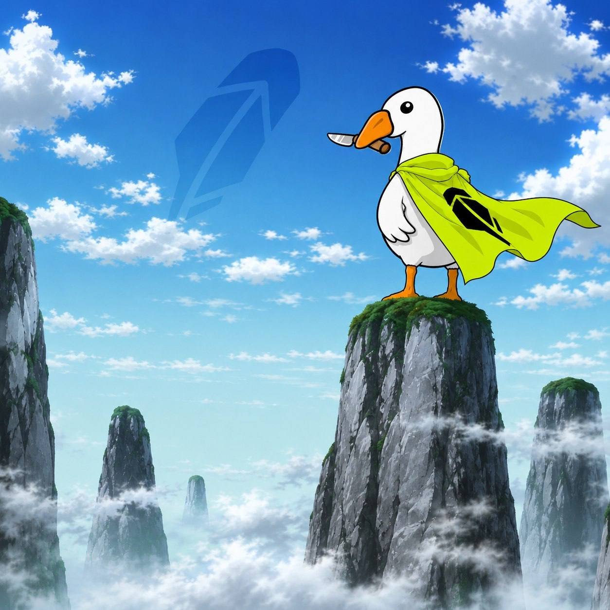 Honkcoin goose standing on a mountain peak with cape