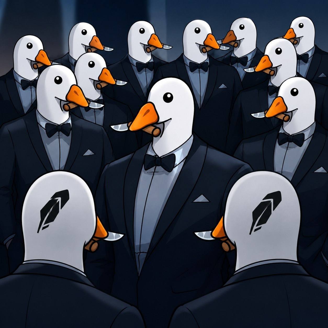 Flock of Honkcoin geese in tuxedos