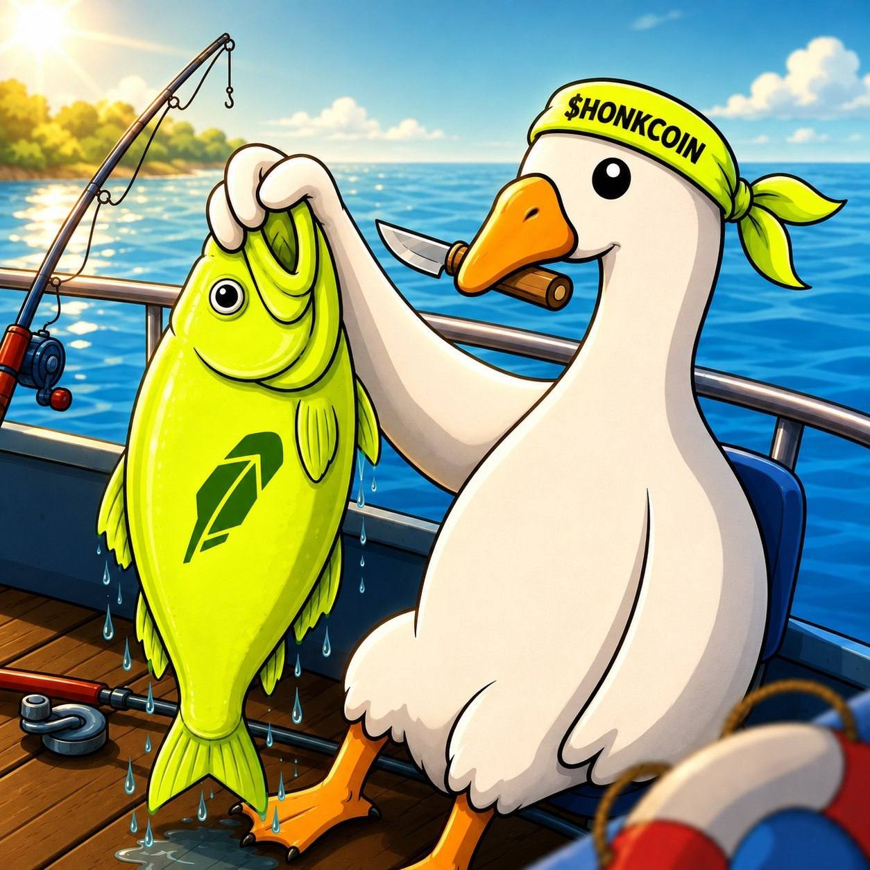 Honkcoin goose holding a green fish on a boat