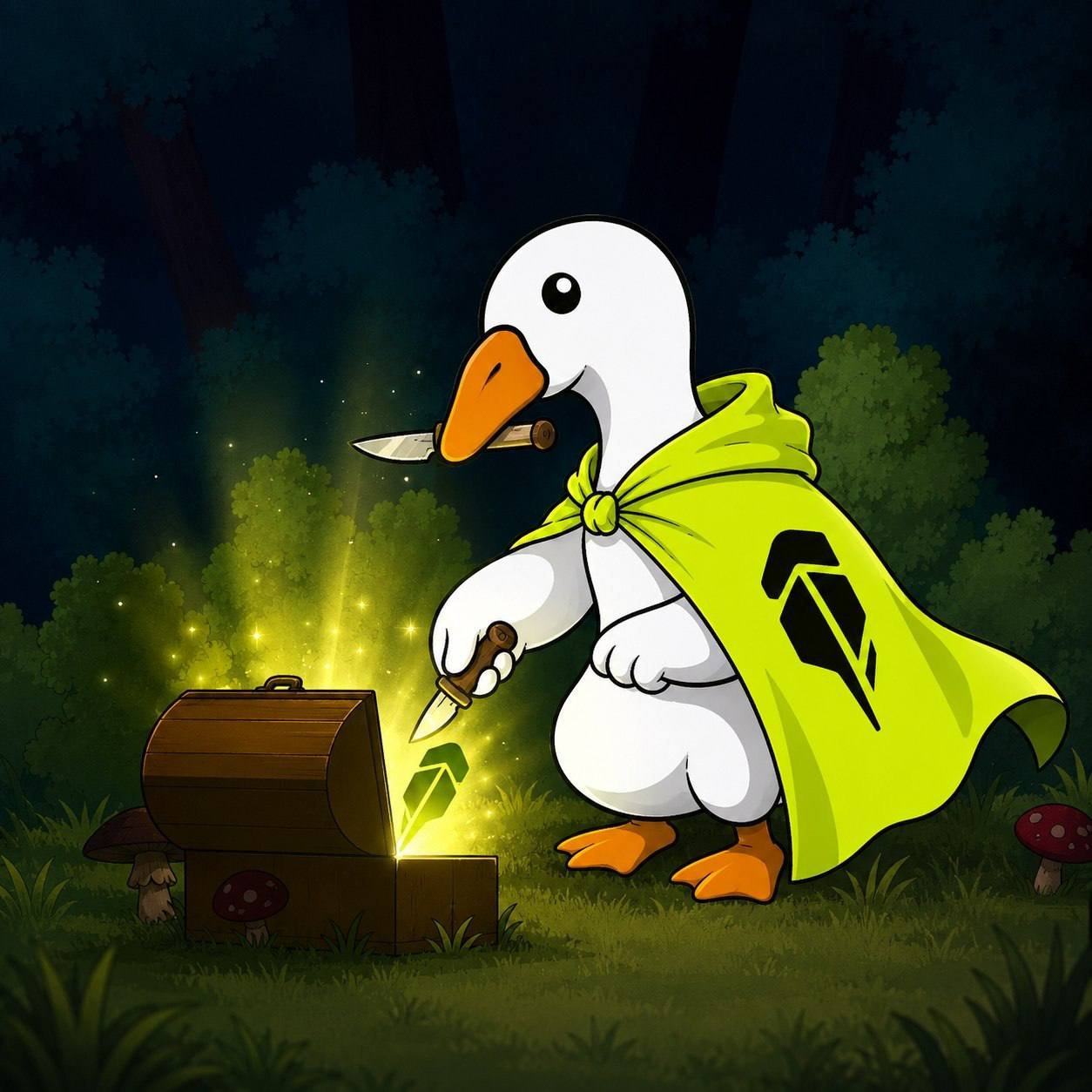 Honkcoin goose opening a glowing treasure chest