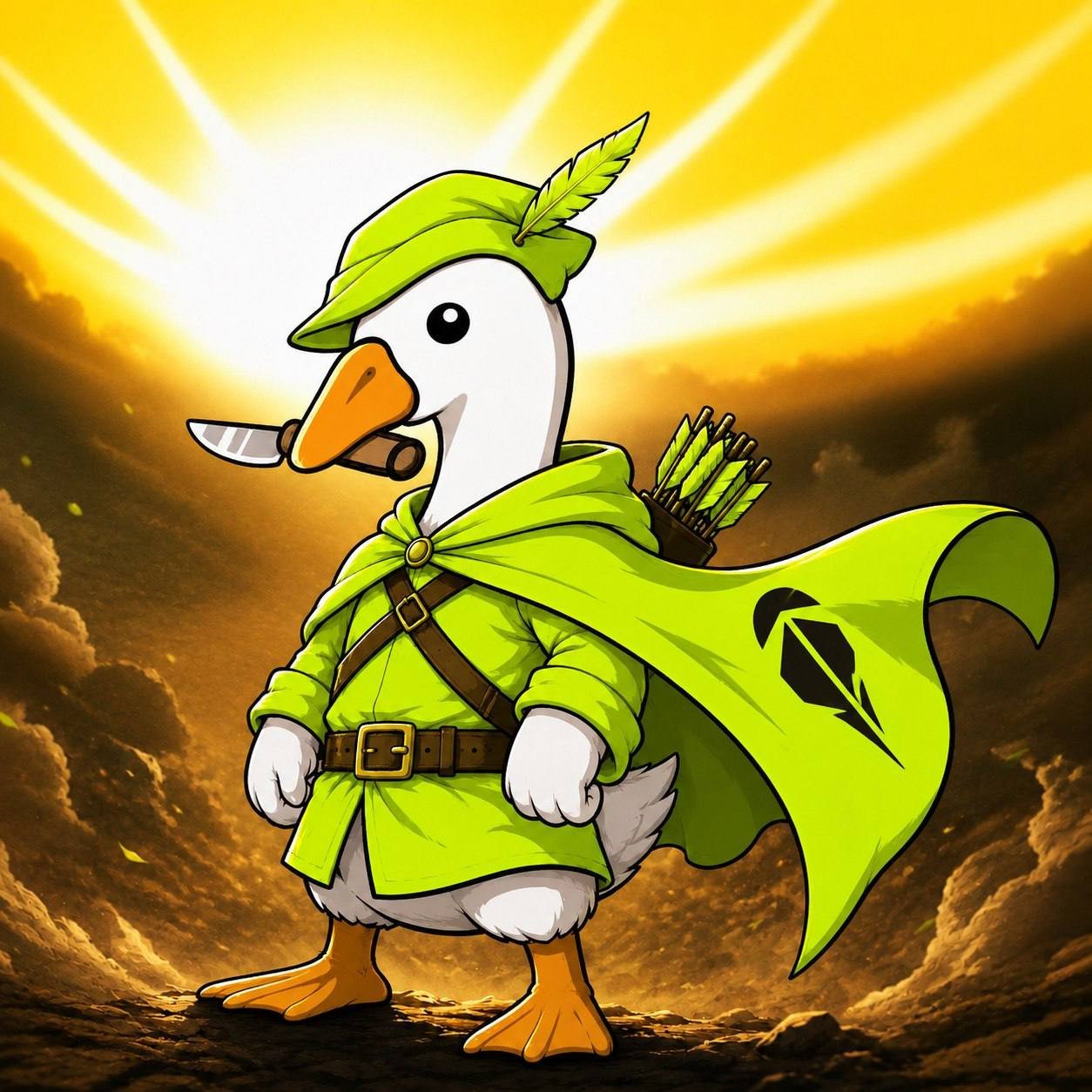 Honkcoin goose dressed like Robin Hood under golden sunlight