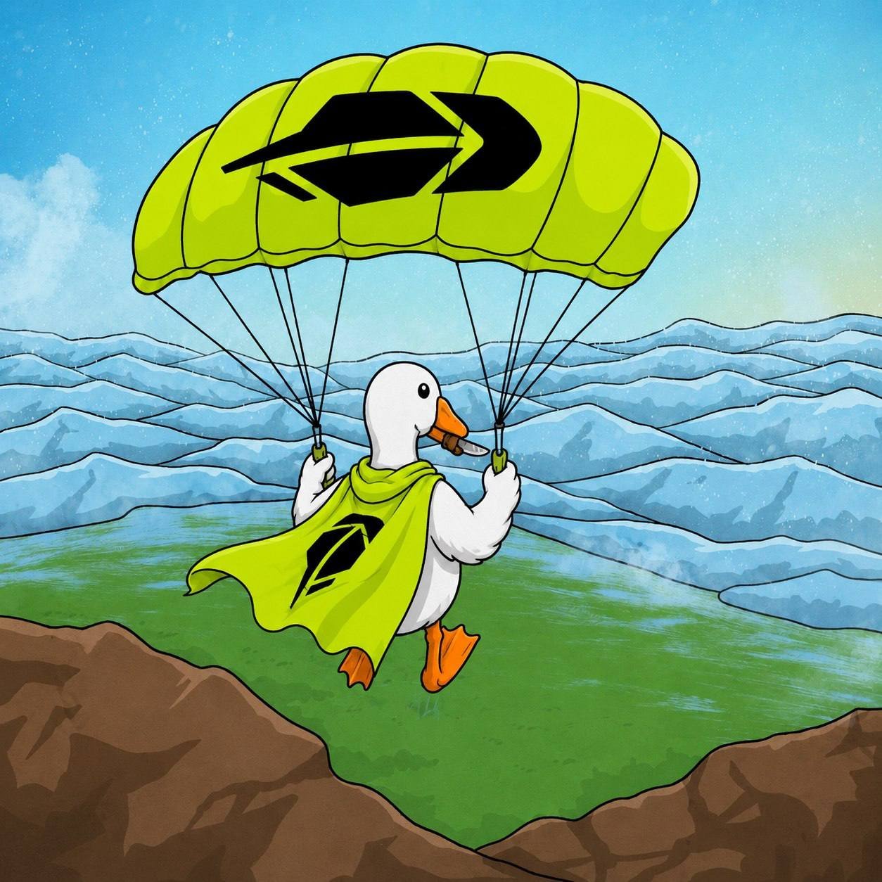 Honkcoin goose parachuting with a green Robinhood canopy