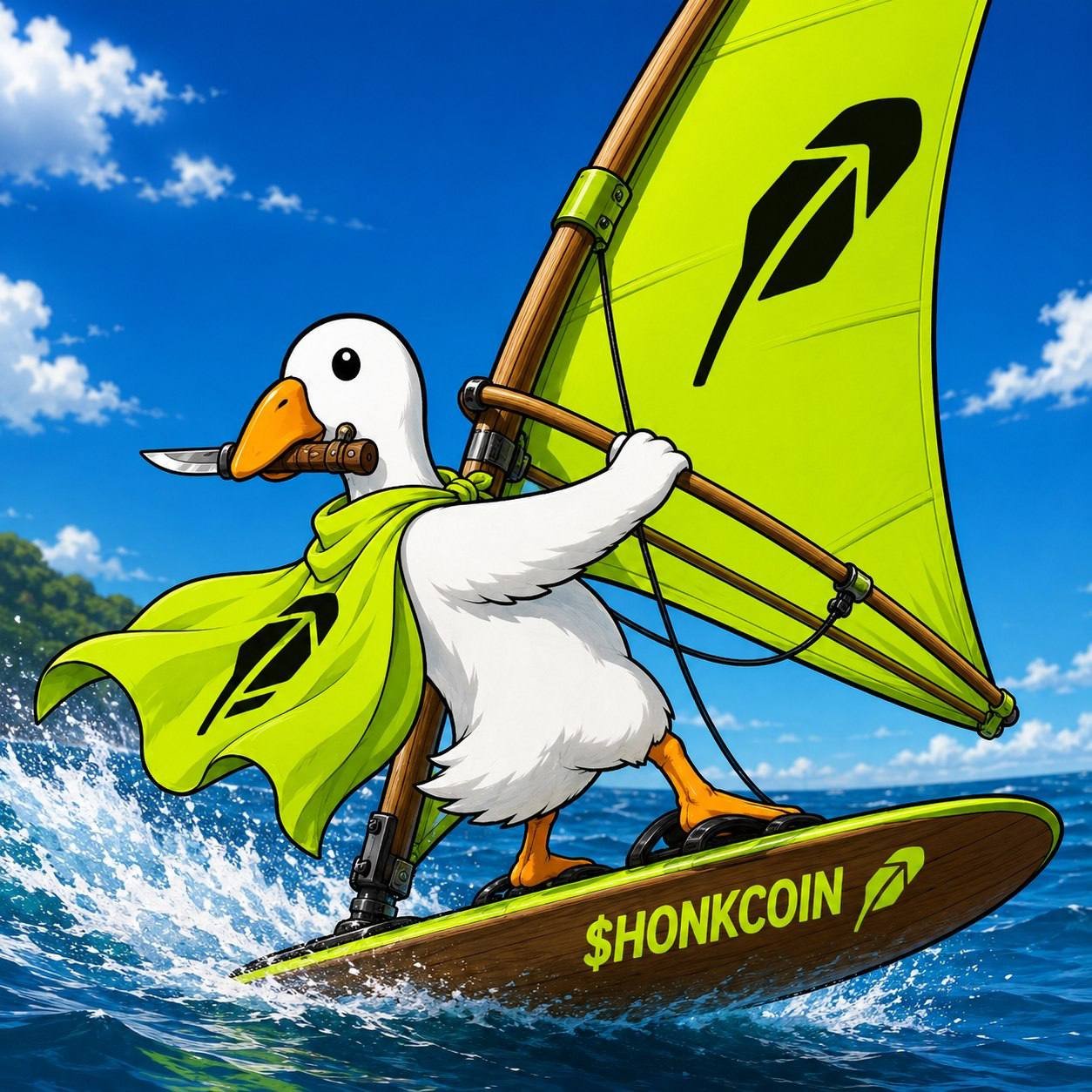 Honkcoin goose windsurfing on the ocean